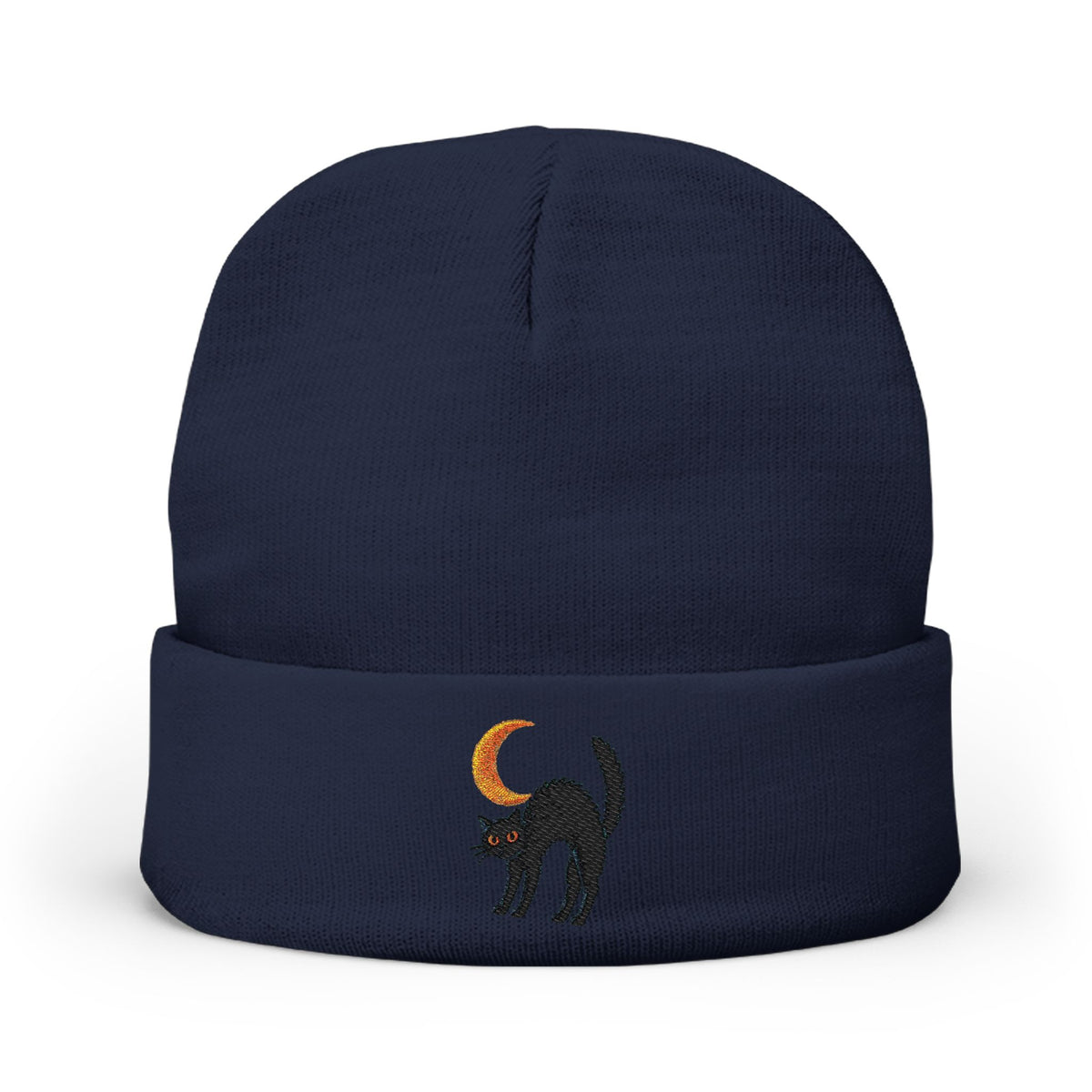 Black Cat with Crescent Moon Knit Beanie | Embroidered Halloween Night