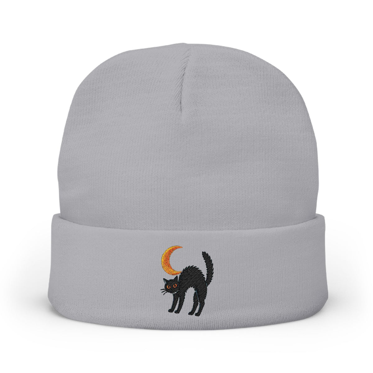 Black Cat with Crescent Moon Knit Beanie | Embroidered Halloween Night