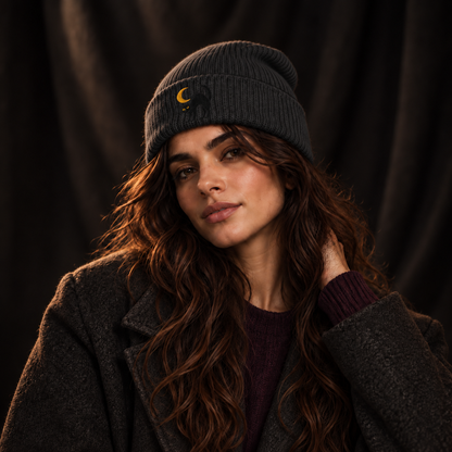 Cat & Crescent Moon Cuff Beanie — Embroidered Black Cat Winter Hat