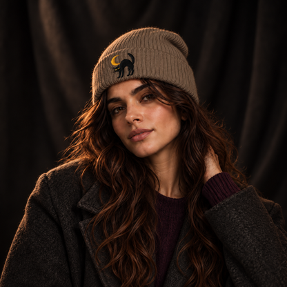 Cat & Crescent Moon Cuff Beanie — Embroidered Black Cat Winter Hat