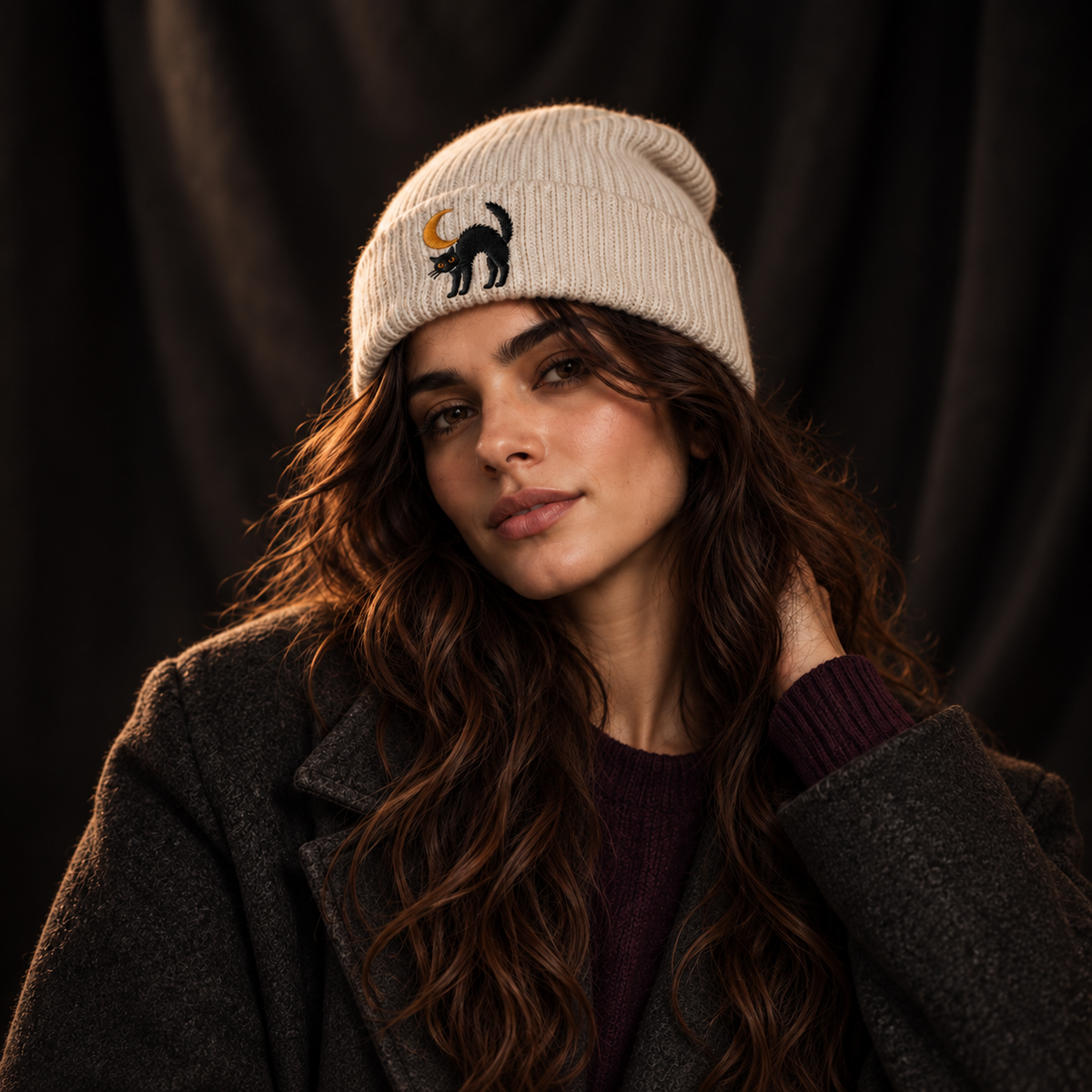Cat & Crescent Moon Cuff Beanie — Embroidered Black Cat Winter Hat