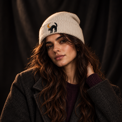 Cat & Crescent Moon Cuff Beanie — Embroidered Black Cat Winter Hat