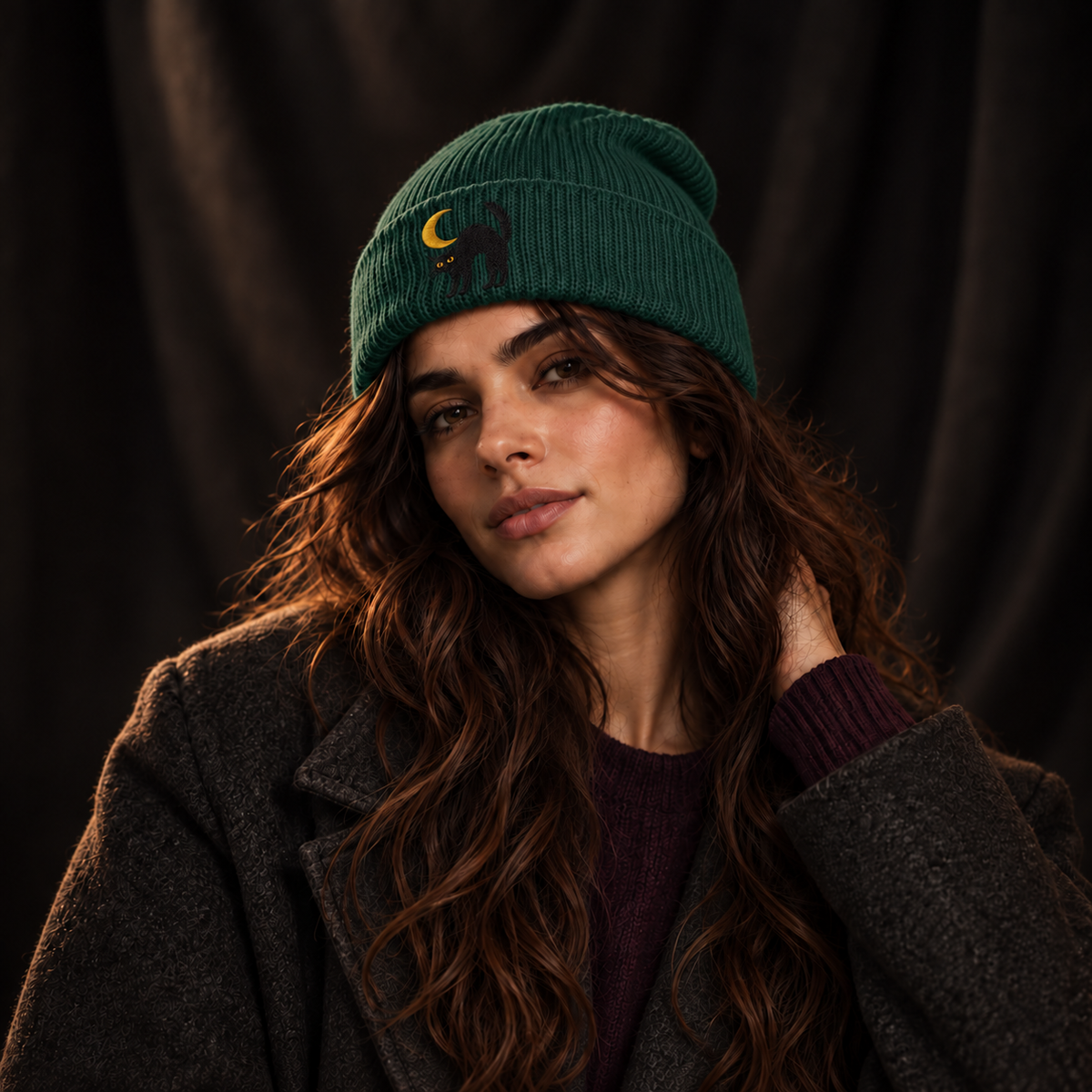Cat & Crescent Moon Cuff Beanie — Embroidered Black Cat Winter Hat