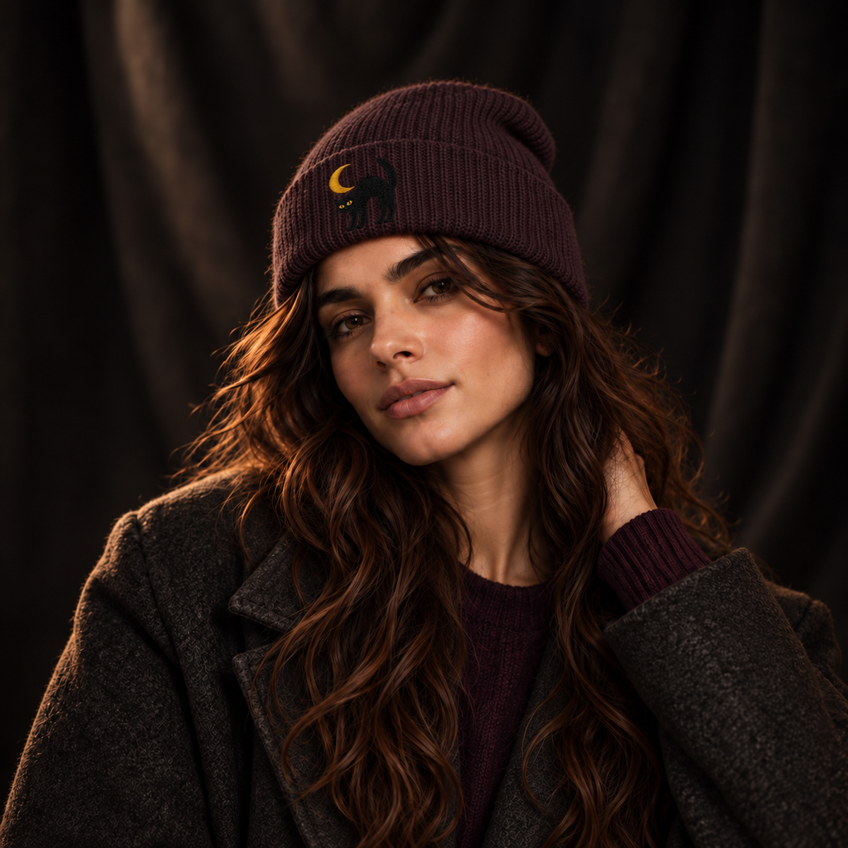 Cat & Crescent Moon Cuff Beanie — Embroidered Black Cat Winter Hat