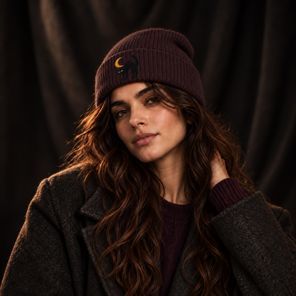 Cat & Crescent Moon Cuff Beanie — Embroidered Black Cat Winter Hat