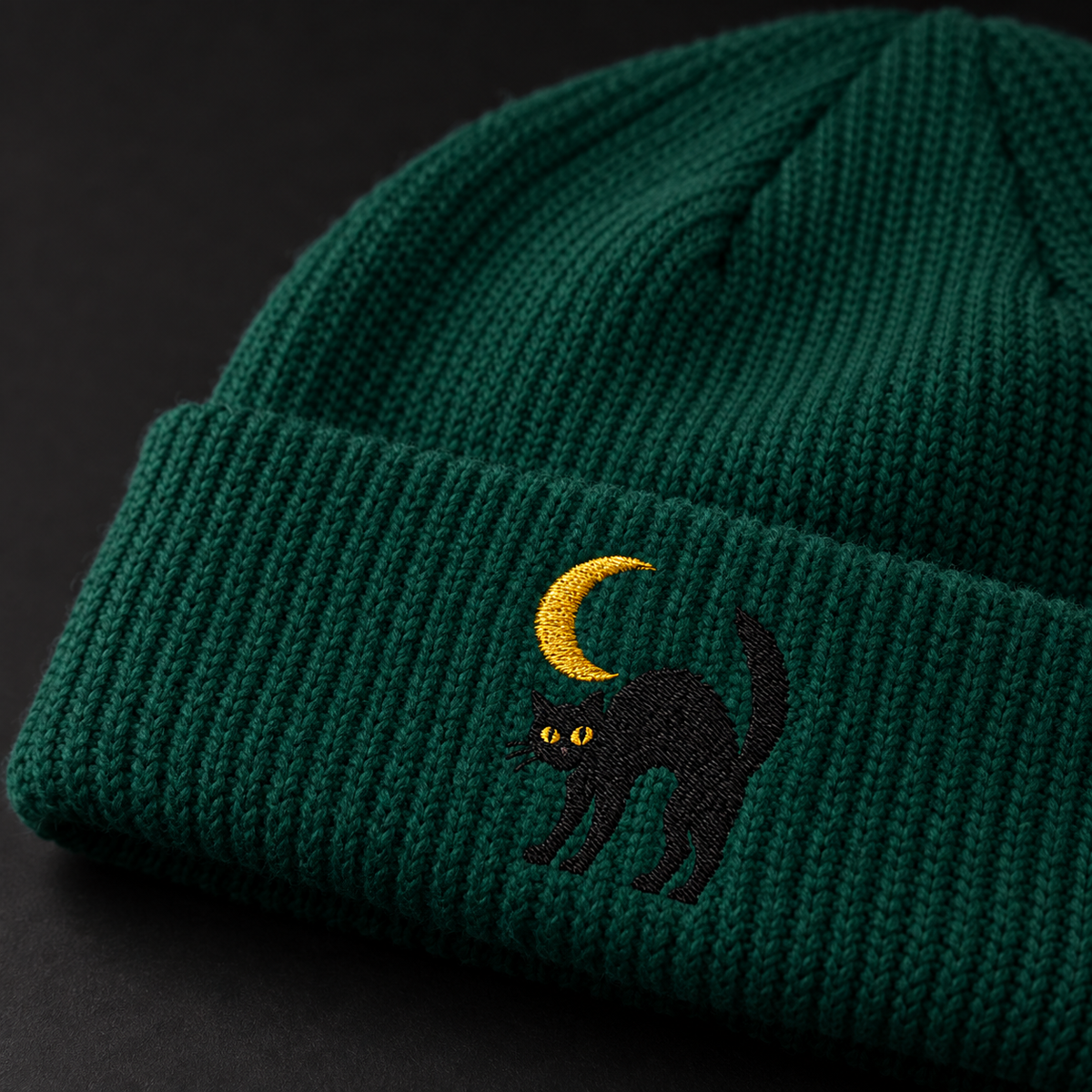 Cat & Crescent Moon Cuff Beanie — Embroidered Black Cat Winter Hat