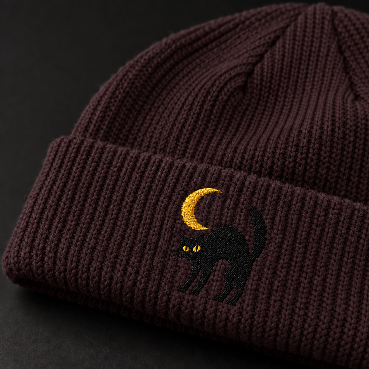 Cat & Crescent Moon Cuff Beanie — Embroidered Black Cat Winter Hat