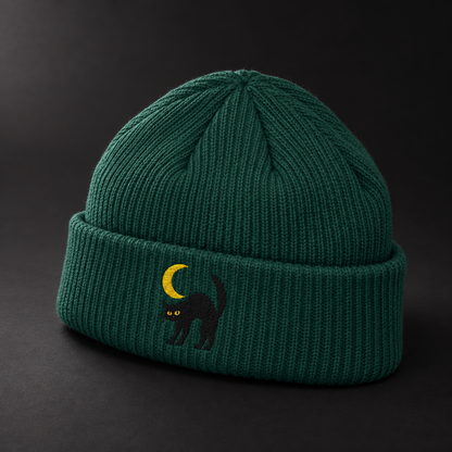 Cat & Crescent Moon Cuff Beanie — Embroidered Black Cat Winter Hat