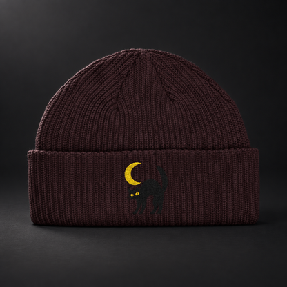 Cat & Crescent Moon Cuff Beanie — Embroidered Black Cat Winter Hat