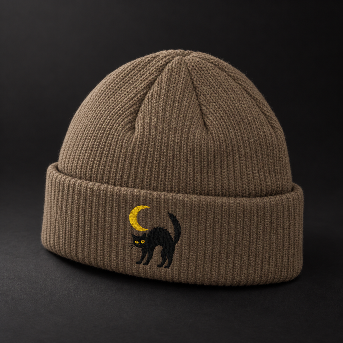Cat & Crescent Moon Cuff Beanie — Embroidered Black Cat Winter Hat