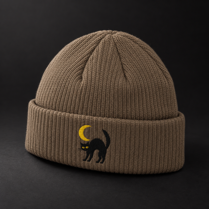 Cat & Crescent Moon Cuff Beanie — Embroidered Black Cat Winter Hat