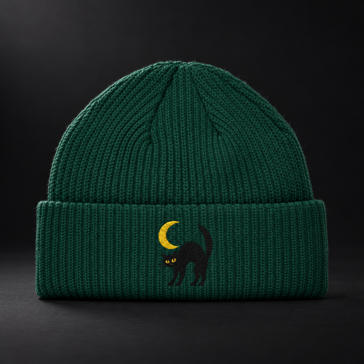 Cat & Crescent Moon Cuff Beanie — Embroidered Black Cat Winter Hat