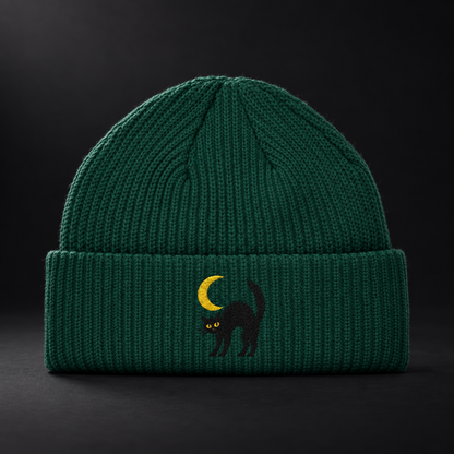 Cat & Crescent Moon Cuff Beanie — Embroidered Black Cat Winter Hat