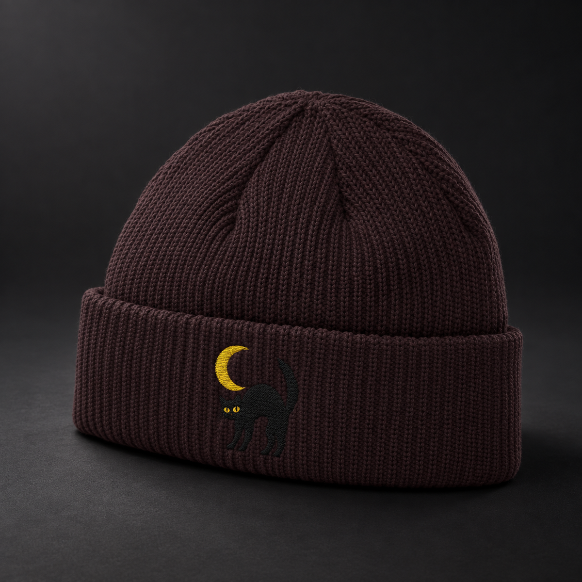 Cat & Crescent Moon Cuff Beanie — Embroidered Black Cat Winter Hat
