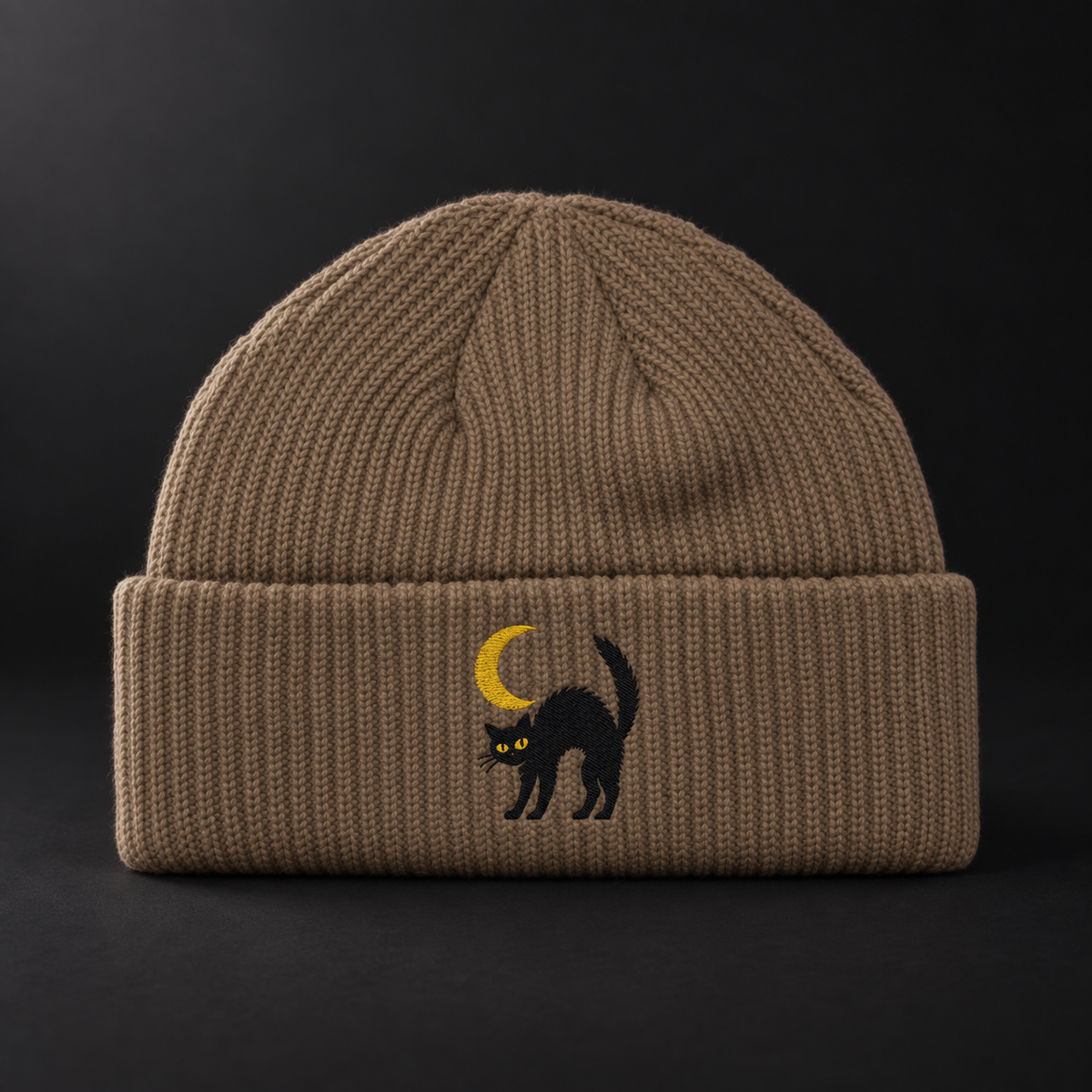 Cat & Crescent Moon Cuff Beanie — Embroidered Black Cat Winter Hat