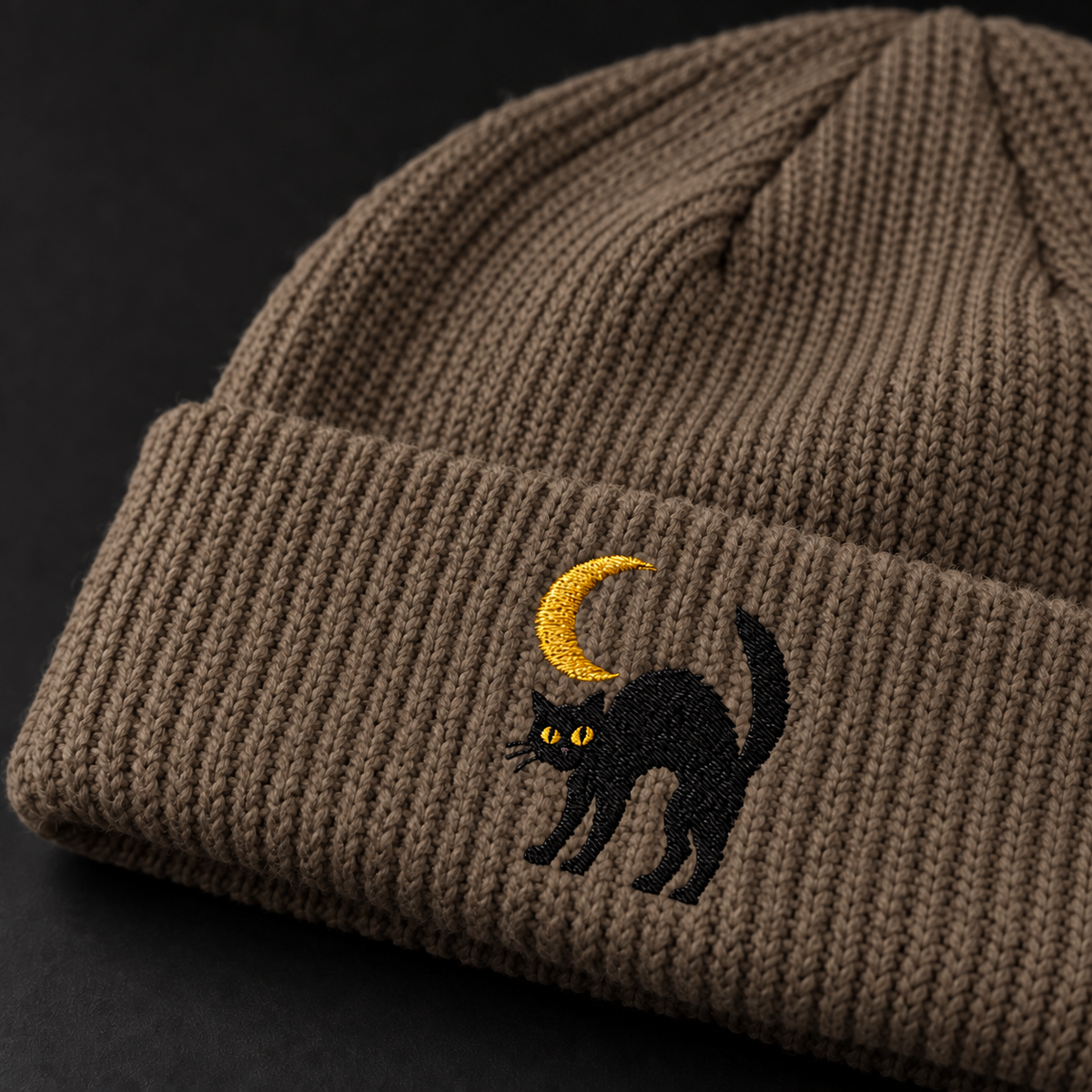 Cat & Crescent Moon Cuff Beanie — Embroidered Black Cat Winter Hat