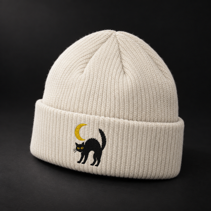 Cat & Crescent Moon Cuff Beanie — Embroidered Black Cat Winter Hat