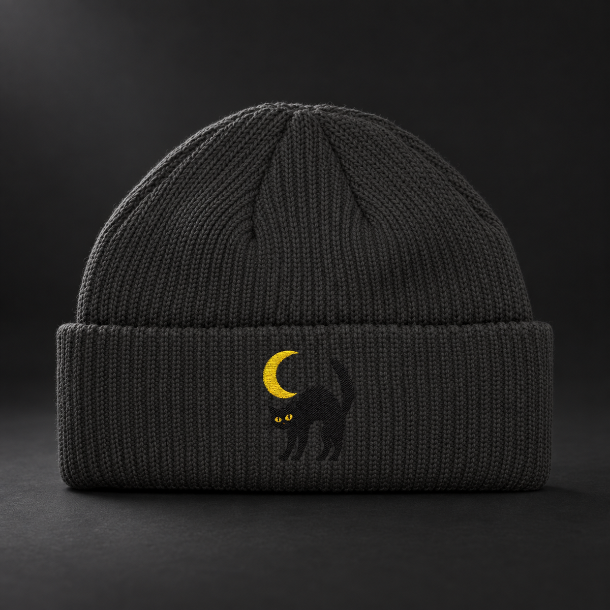 Cat & Crescent Moon Cuff Beanie — Embroidered Black Cat Winter Hat