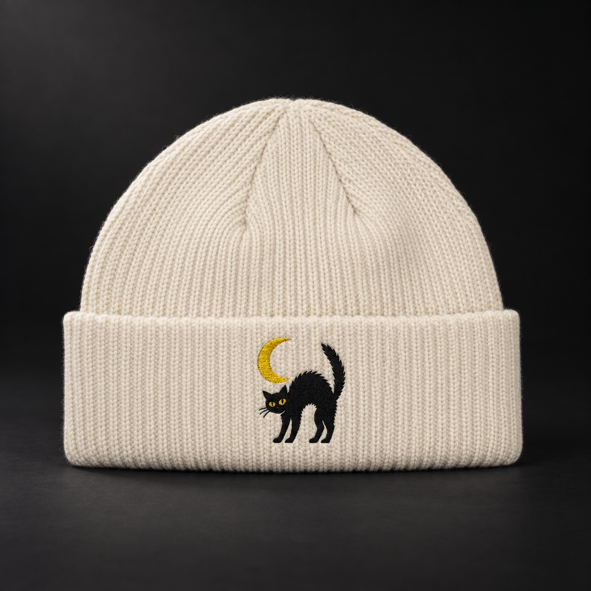 Cat & Crescent Moon Cuff Beanie — Embroidered Black Cat Winter Hat