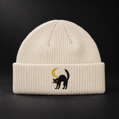 Cat & Crescent Moon Cuff Beanie — Embroidered Black Cat Winter Hat