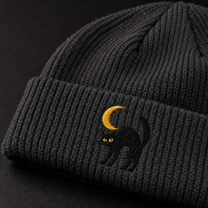 Cat & Crescent Moon Cuff Beanie — Embroidered Black Cat Winter Hat