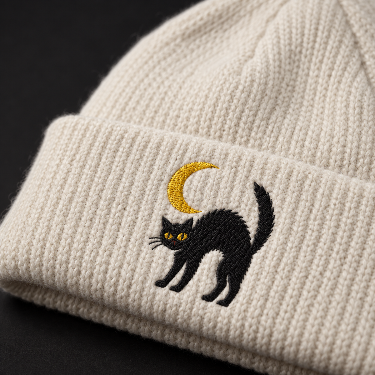 Cat & Crescent Moon Cuff Beanie — Embroidered Black Cat Winter Hat