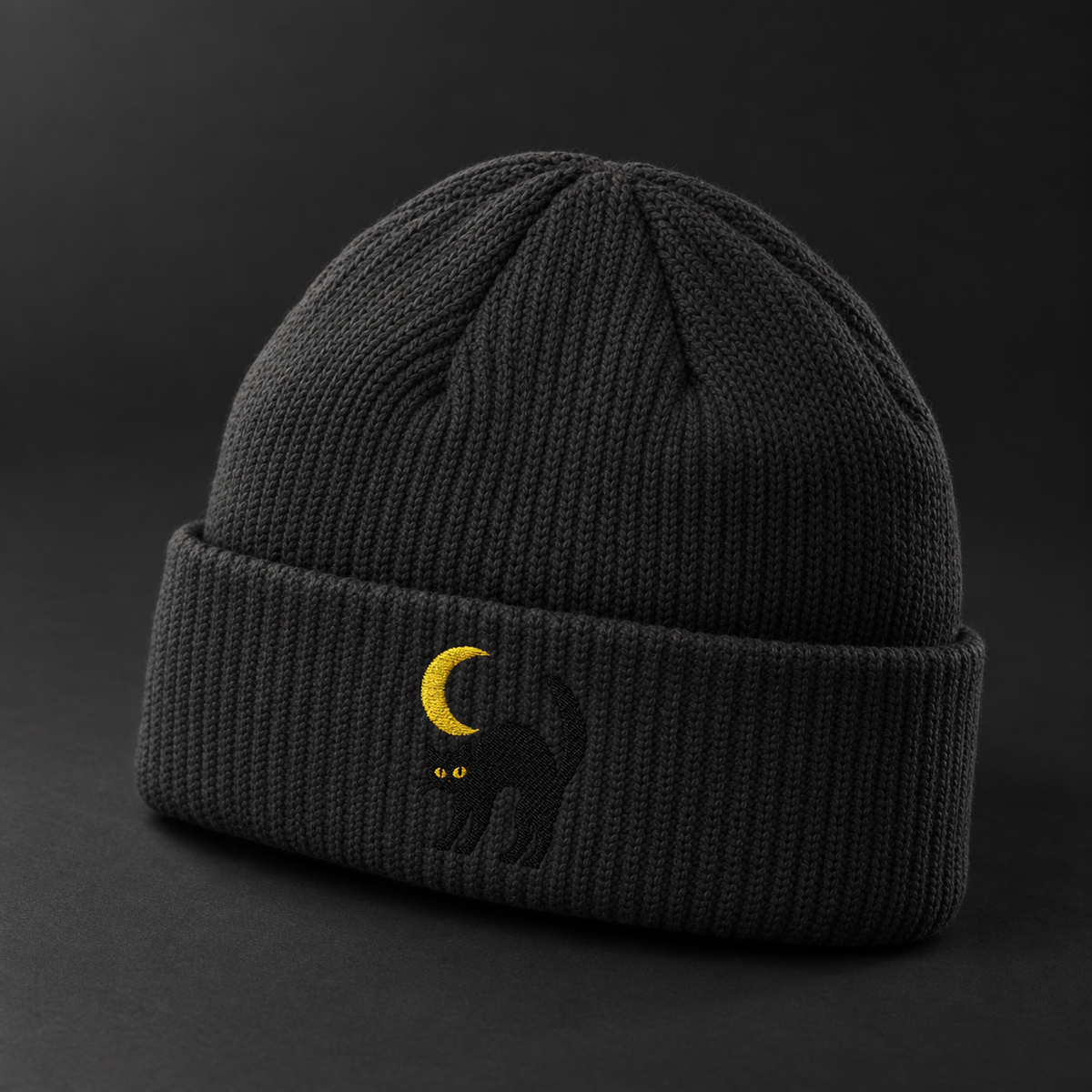Cat & Crescent Moon Cuff Beanie — Embroidered Black Cat Winter Hat