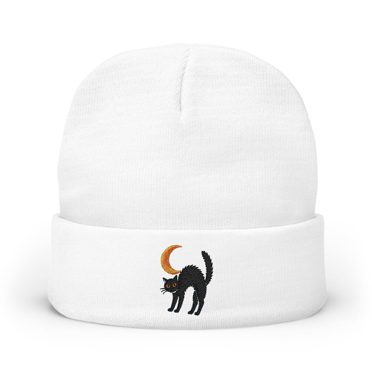 Black Cat with Crescent Moon Knit Beanie | Embroidered Halloween Night